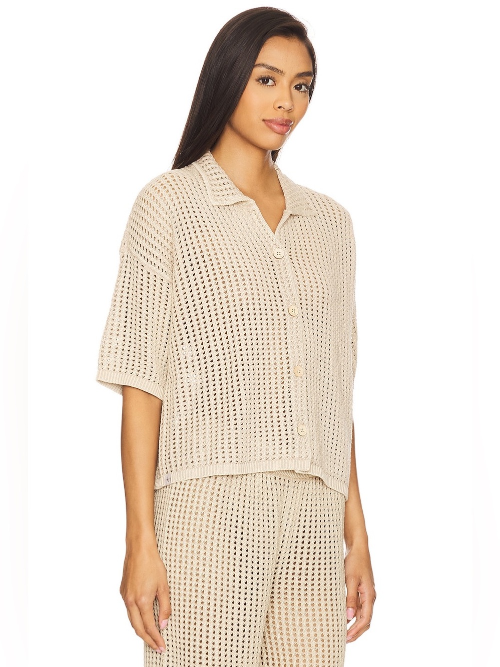 Barefoot Dreams Sunbleached Buttoned Short Sleeve in Stone - Picture 2 of 8